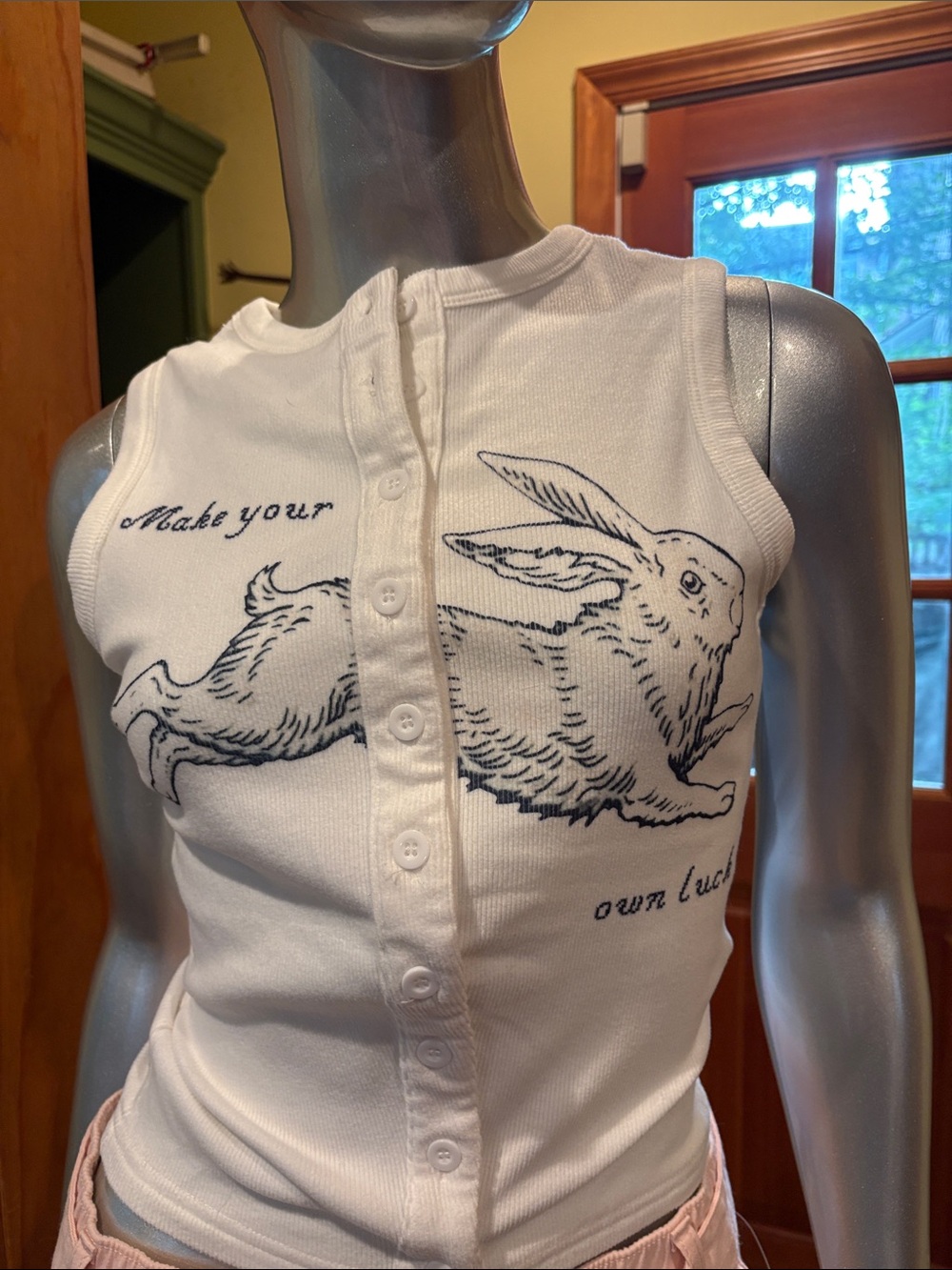 White Sleeveless Button-Front Tank with Running Rabbit Graphicq